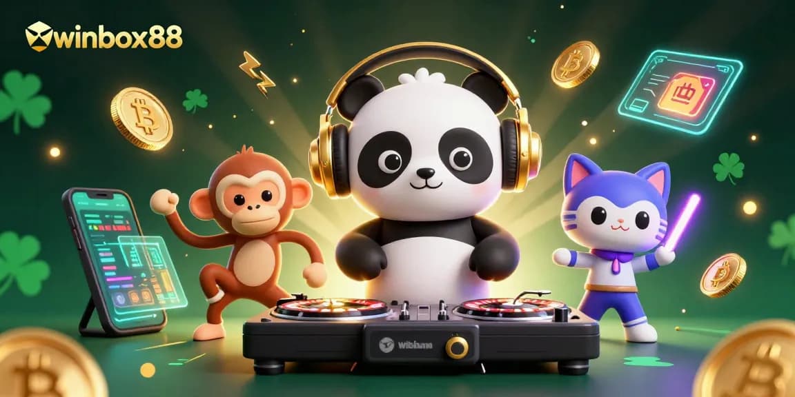Winbox88 features a lively digital illustration of a DJ panda, spinning roulette wheels amidst vibrant casino elements.