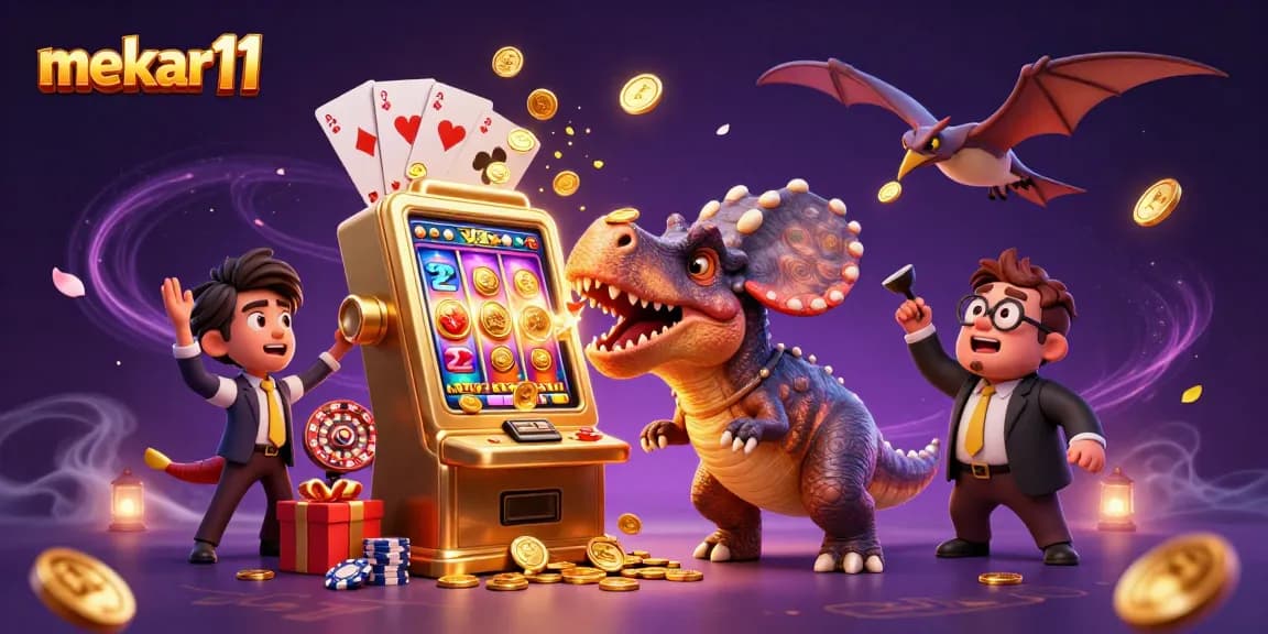 Mekar11's jackpot celebration scene with 3D characters and vibrant casino elements capturing thrilling wins.
