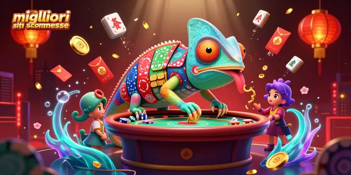 Illustrazione di un proprietario di casinò camaleonte che rappresenta i migliori siti scommesse con elementi di gioco e atmosfera festosa.