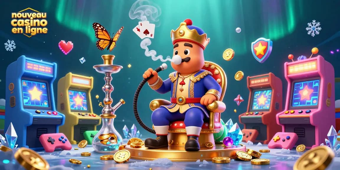 Illustration dynamique de nouveau casino en ligne, avec des personnages 3D et des éléments de jeu colorés.
