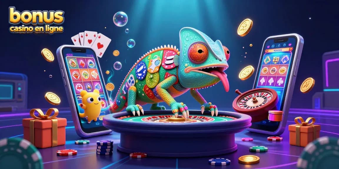 Bonus casino en ligne : caméléon propriétaire de casino entouré de jeux colorés et de pièces d'or.