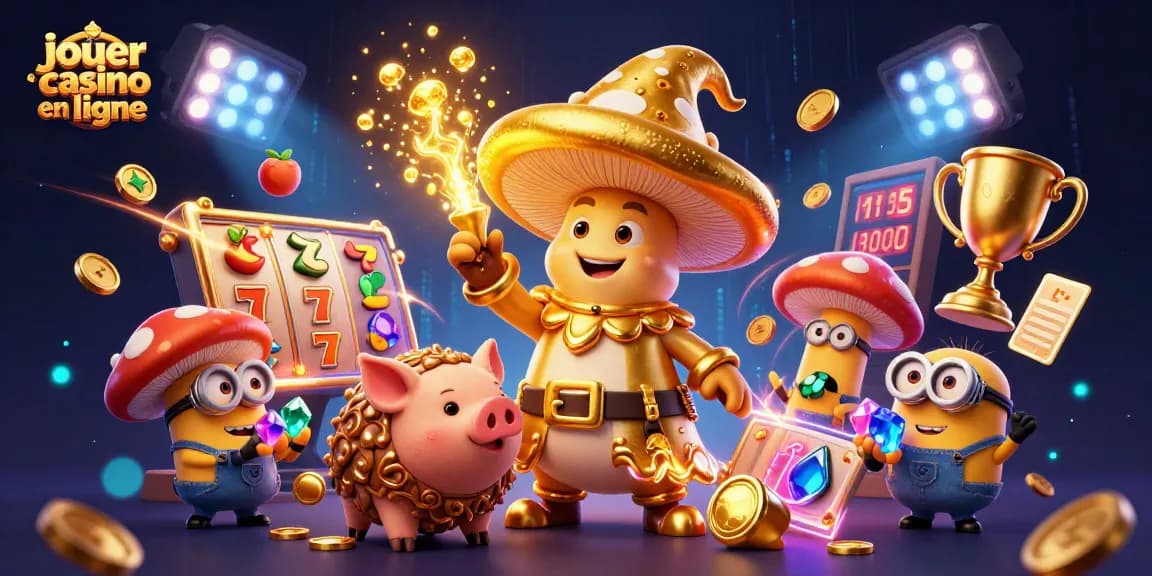 Jouer au casino en ligne avec une illustration 3D d'un magicien champignon et des éléments de jeu en mouvement.