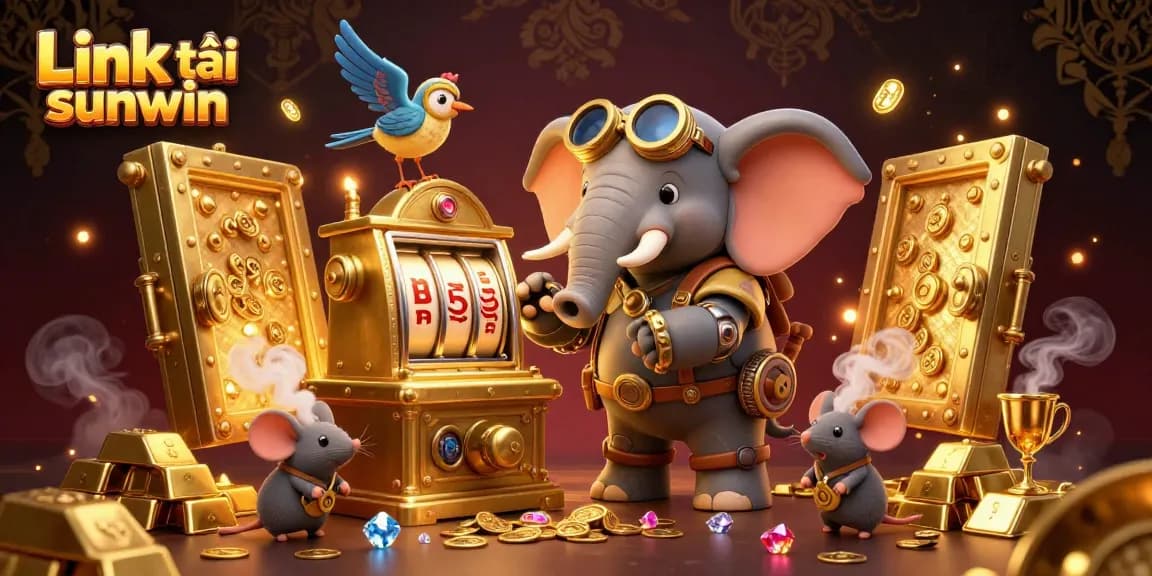 Spin the slot machine with the Link tải sunwin for thrilling casino rewards in a vibrant 3D illustration.