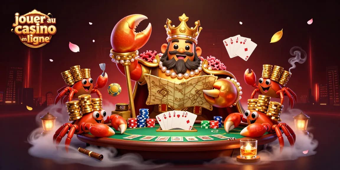Jouez au casino en ligne avec un crabe empereur doré entouré de tables de poker et jets de casino colorés.