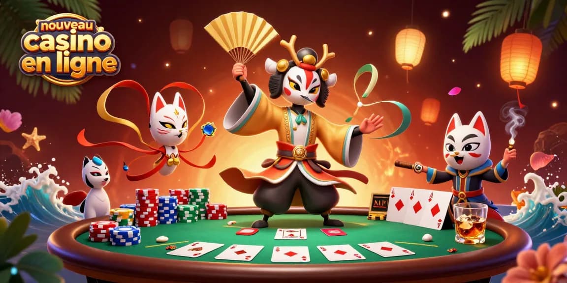 Illustration dynamique montrant un guerrier kabuki et un masque kitsune, représentant le nouveau casino en ligne.