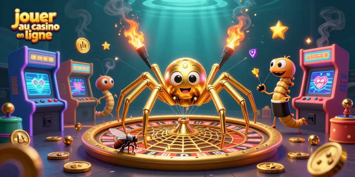 Jouer au casino en ligne avec une illustration animée de casino incluant une araignée dorée et une composition captivante