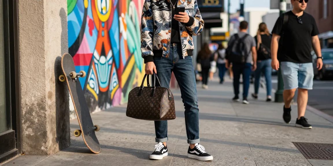 Fashionable person displaying 레플리카 accessories in a vibrant urban setting.