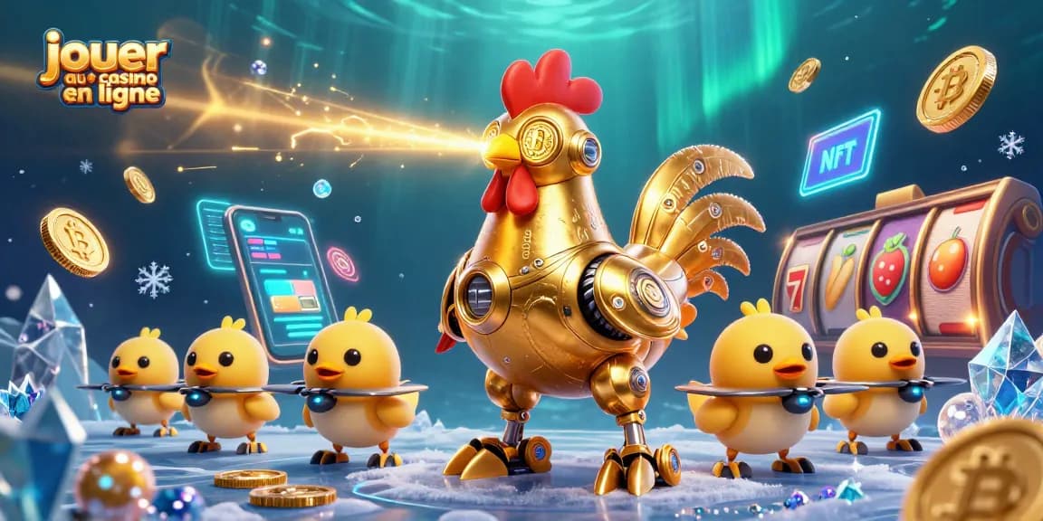 Jouer au casino en ligne avec le robot coq doré et ses drones dans une scène captivante