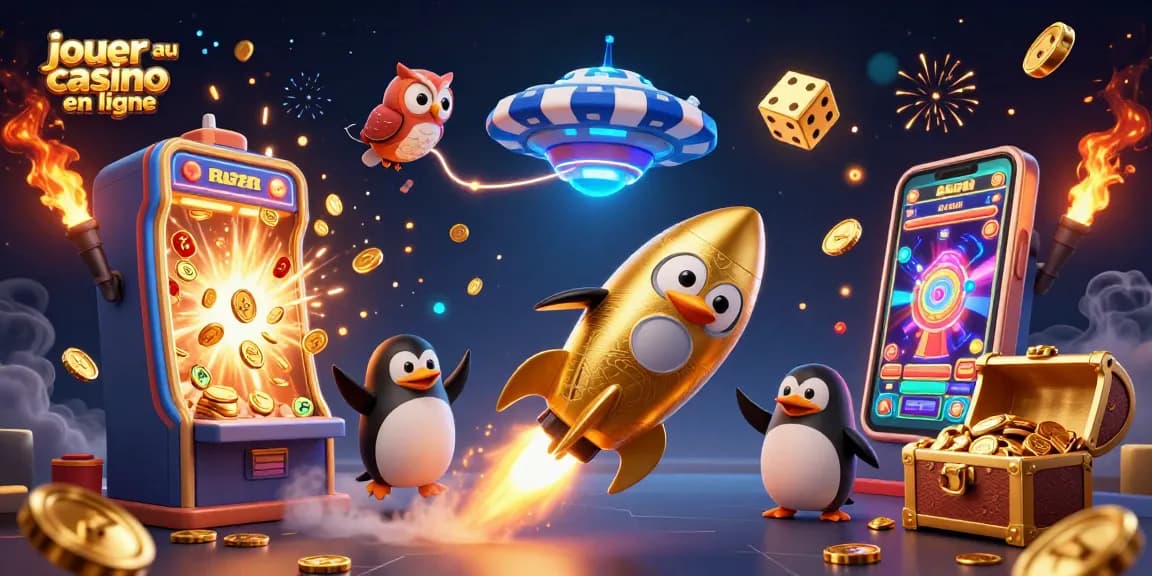 Jouer au casino en ligne avec un pingouin doré en fusée parmi des machines à sous et des trésors