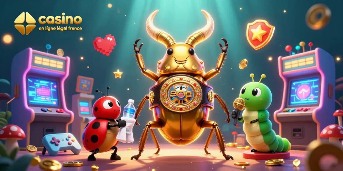 Illustration captivante du casino en ligne légal France avec un scarabée géant et des machines à sous.