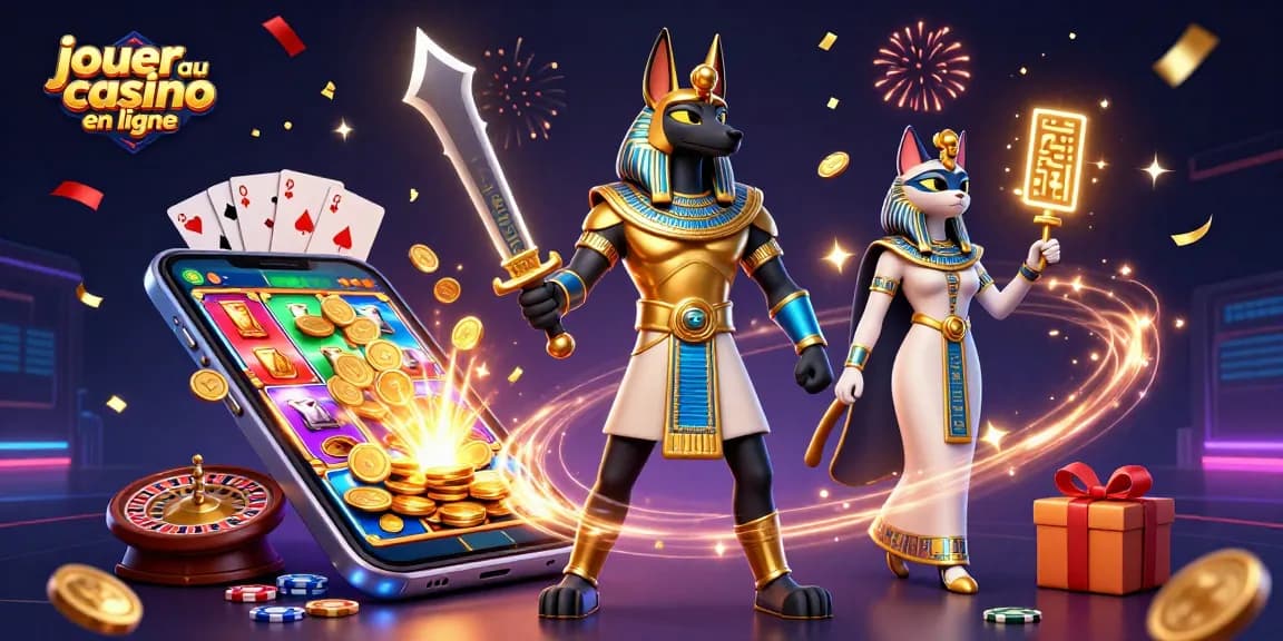 Jouer au casino en ligne avec une illustration 3D d'Anubis et Bastet entourés de rouleaux de machine à sous.