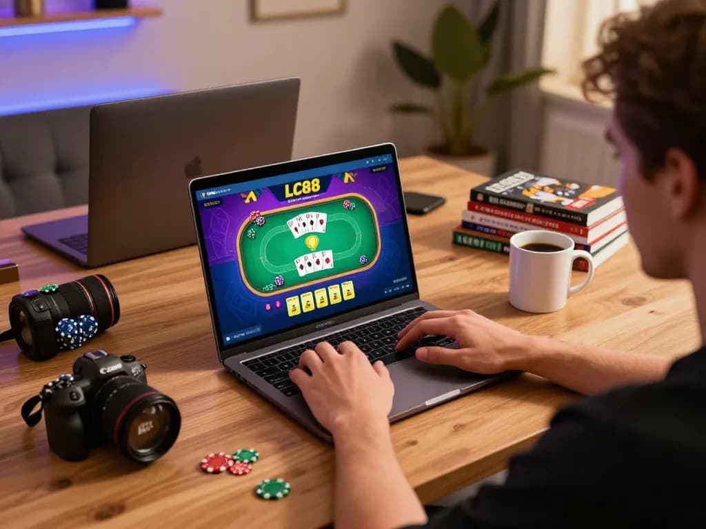 Player engaging with LC88 online casino poker game in a cozy home setup.