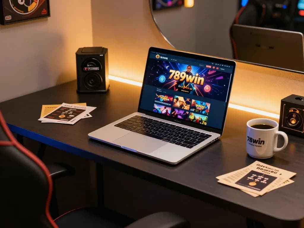 Engaging in online casino gaming with 789win link mới showcased on a sleek laptop