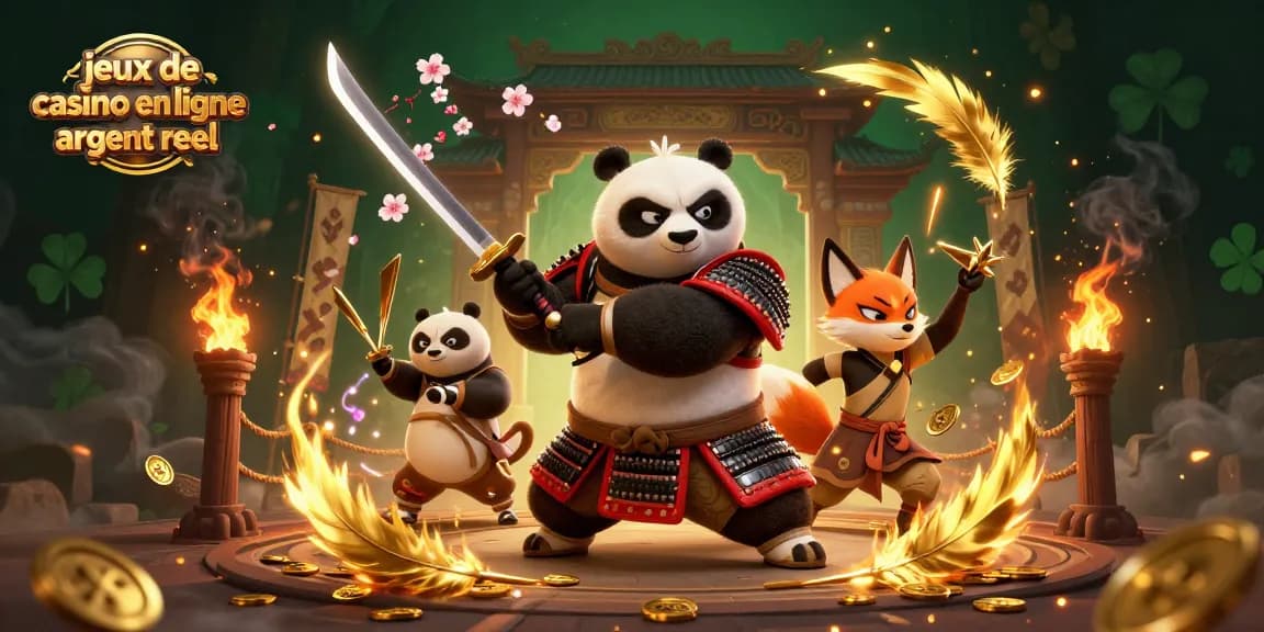Jouez aux jeux de casino en ligne argent réel avec un samouraï panda et un renard ninja dans une scène animée.