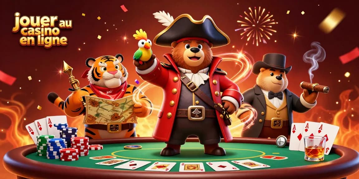 Jouer au casino en ligne avec des personnages captivants et des éléments de poker dynamiques dans une illustration festive.