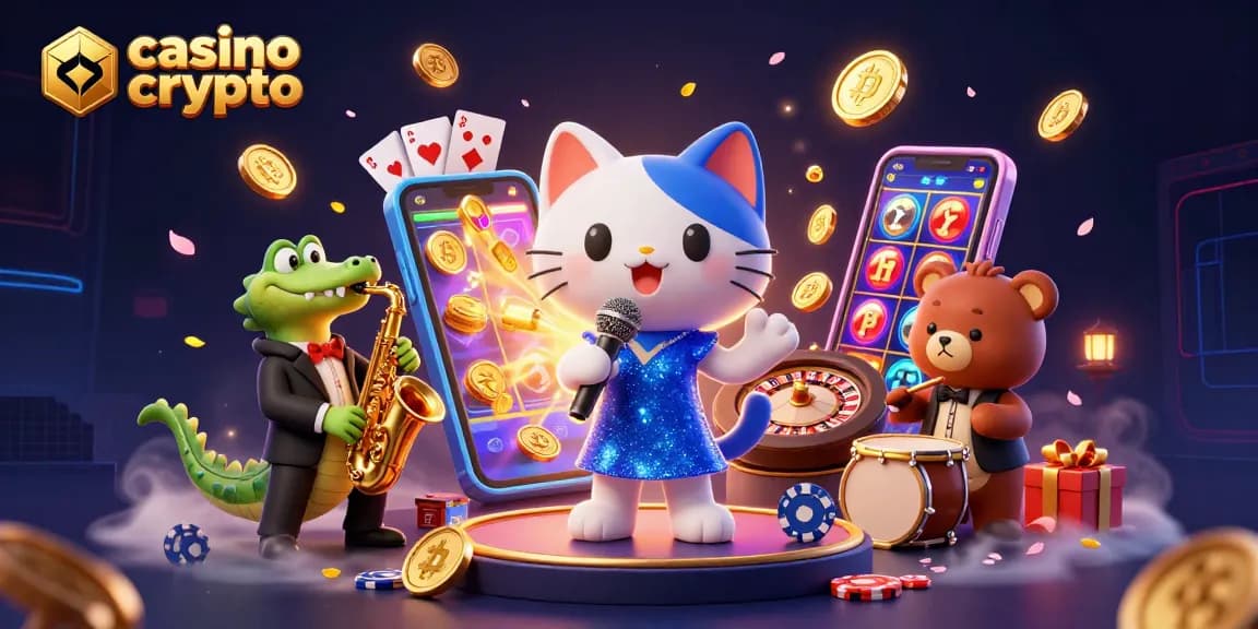Illustration 3D d'un chat chanteur de jazz sur scène de casino crypto, entouré de pièces de monnaie bitcoin.