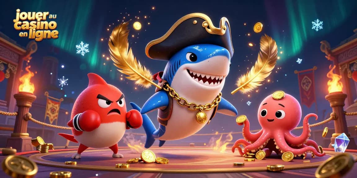 Jouer au casino en ligne avec un requin pirate 3D et un poulpe mignon portant des pièces d'or