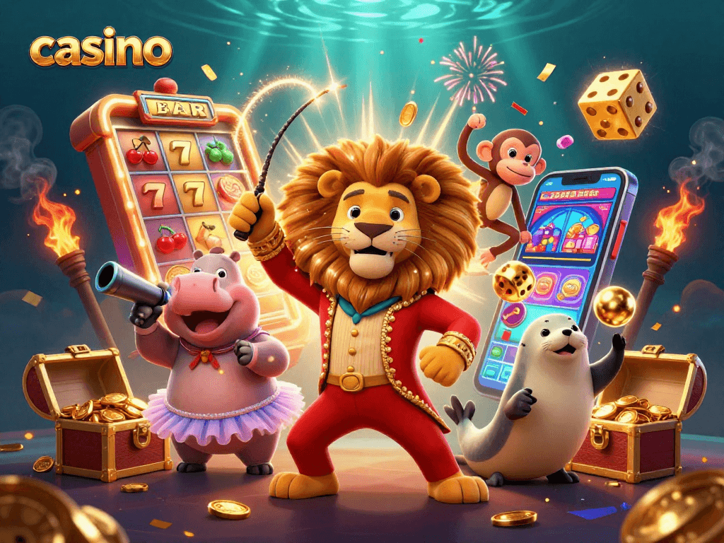Experience the excitement of a casino with a vibrant 3D illustration featuring gaming elements and animated characters.
