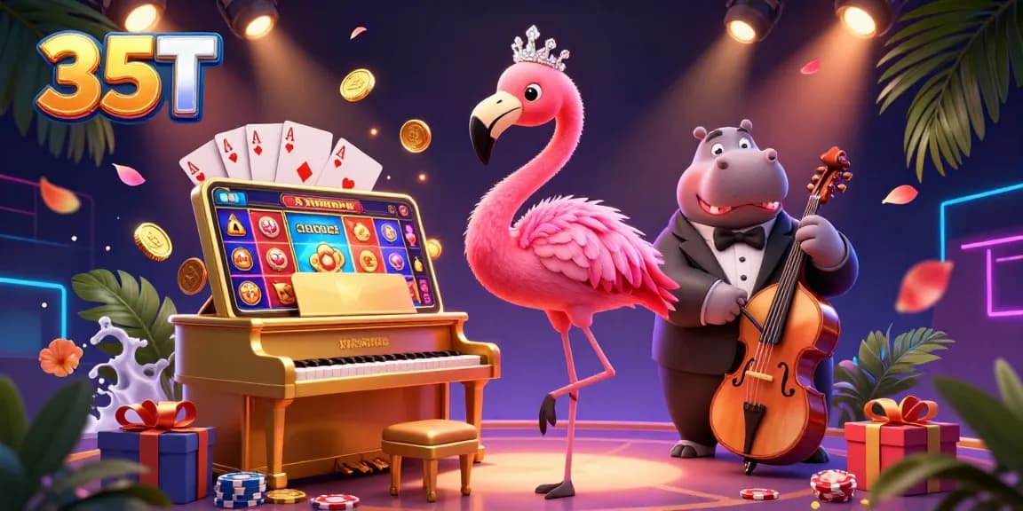 Experience 35T's vibrant casino atmosphere with a flamingo singer and hippo bassist performing amid popular gaming elements.