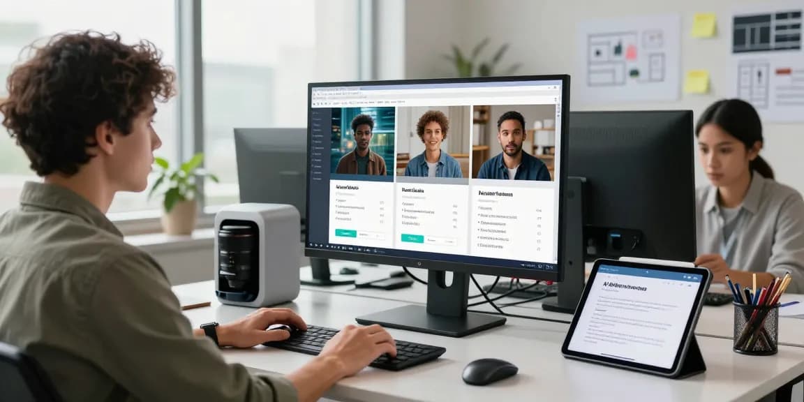 Free AI detector analyzing images on a monitor in a modern tech workspace.