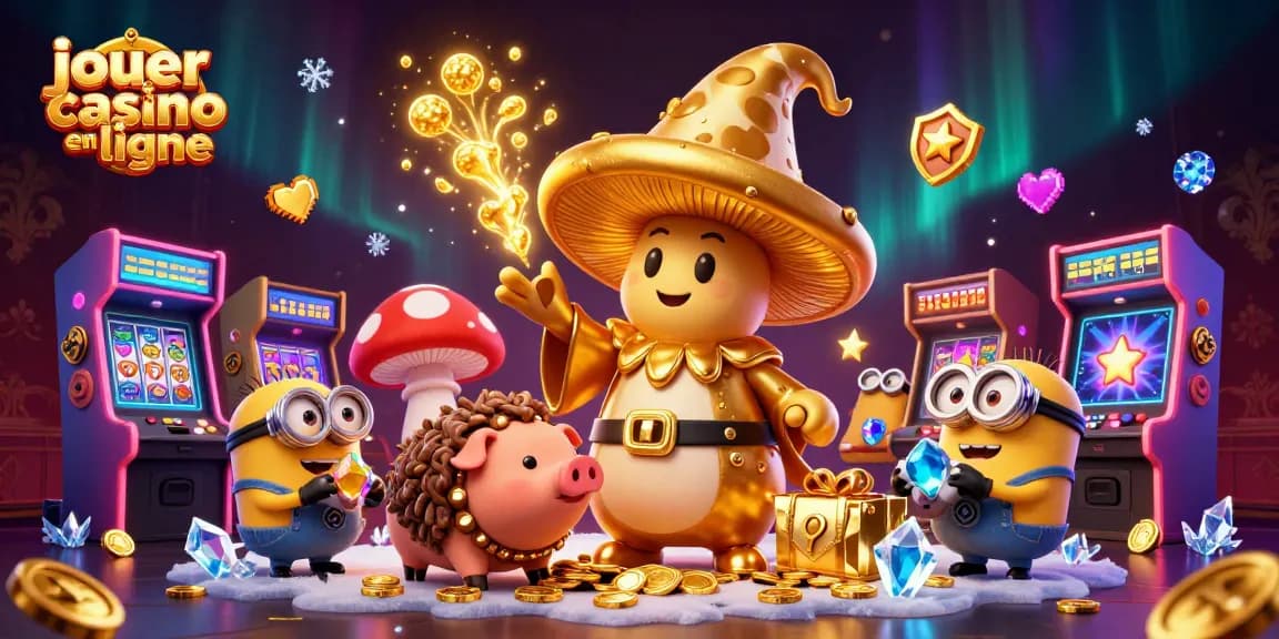 Jouer au casino en ligne avec un personnage de champignon magique doré dans une scène animée de machines à sous.