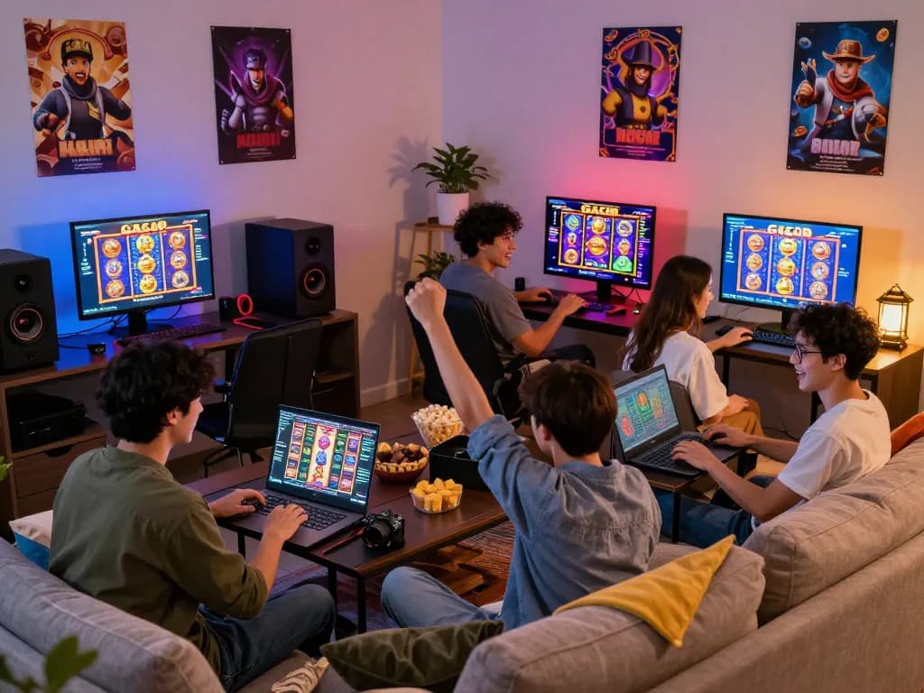 Group of friends enjoying slot gacor games in a cozy living room