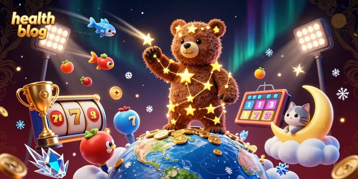 Engage in the thrill of slots with our health blog featuring a constellation bear and dynamic casino elements.