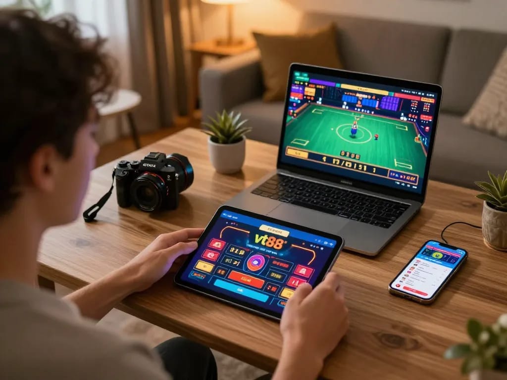Engaging with vt88 casino app on tablet, showcasing vibrant gameplay and a cozy atmosphere