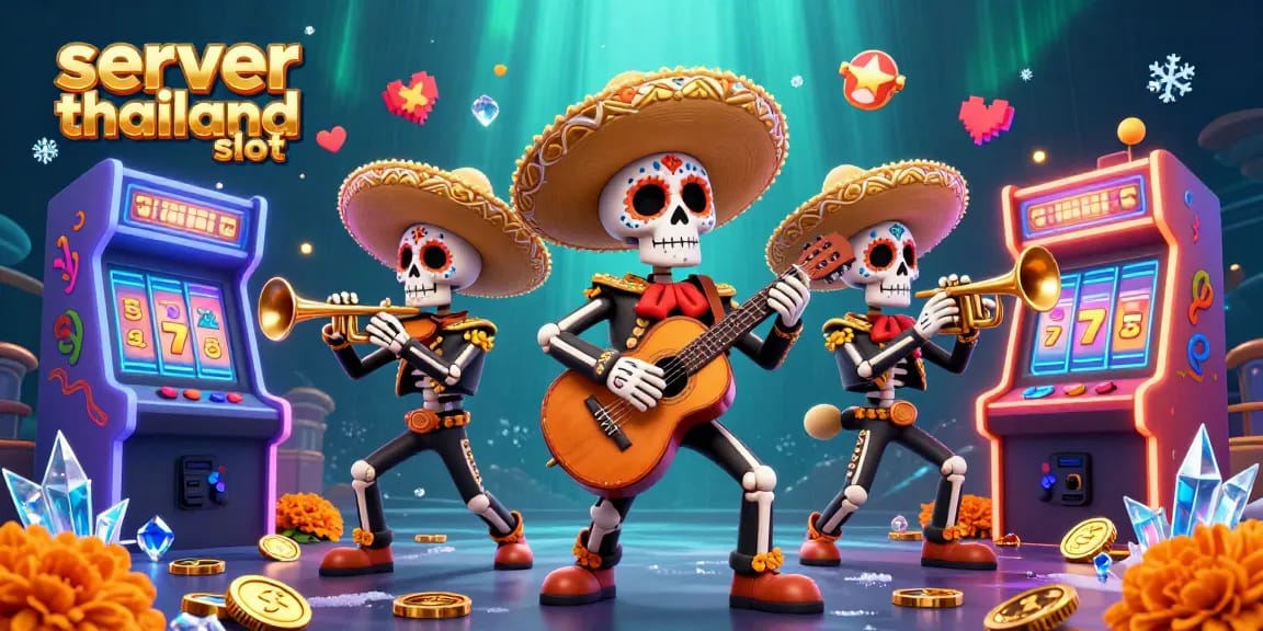 Play exciting games on server thailand slot with a vibrant interactive scene featuring skeleton mariachi musicians and slot elements.