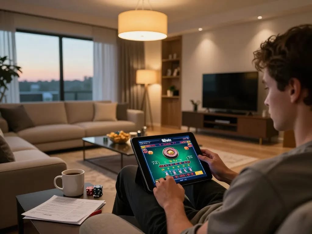 Engaging in thrilling live dealer games on the 98win platform in a modern home setup.