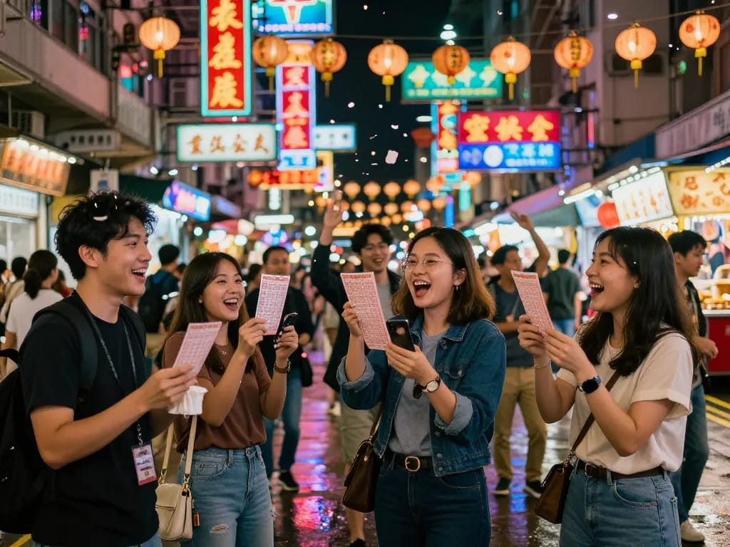 Excited group celebrating HK lottery wins in vibrant Hong Kong street.