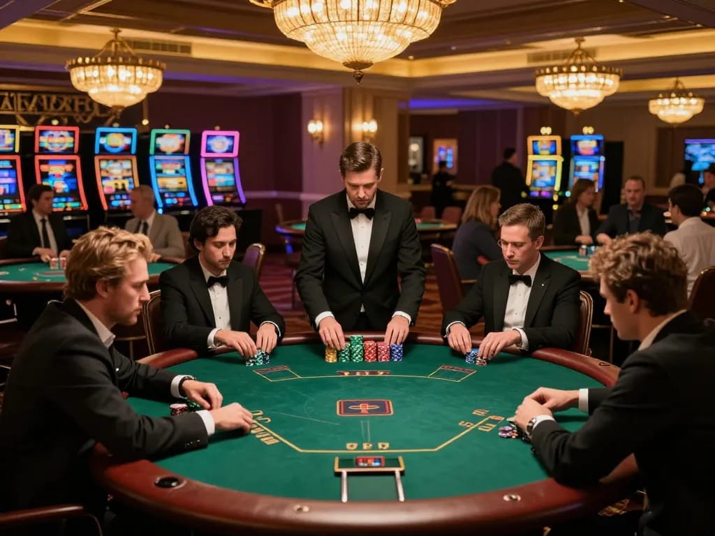 Players engage in high-stakes poker at iWin casino, showcasing strategic gameplay in an upscale environment.