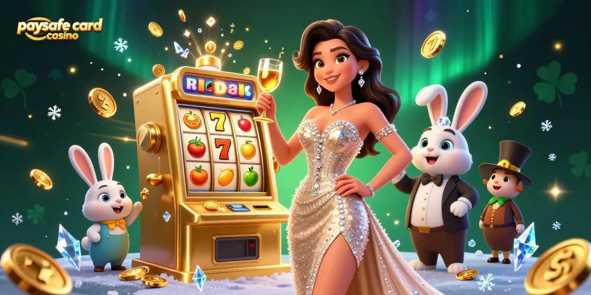 Erleben Sie den Nervenkitzel des Paysafe Card Casinos mit einer beeindruckenden Frau, die neben einem goldenen Jackpot-Spielautomaten feiert.