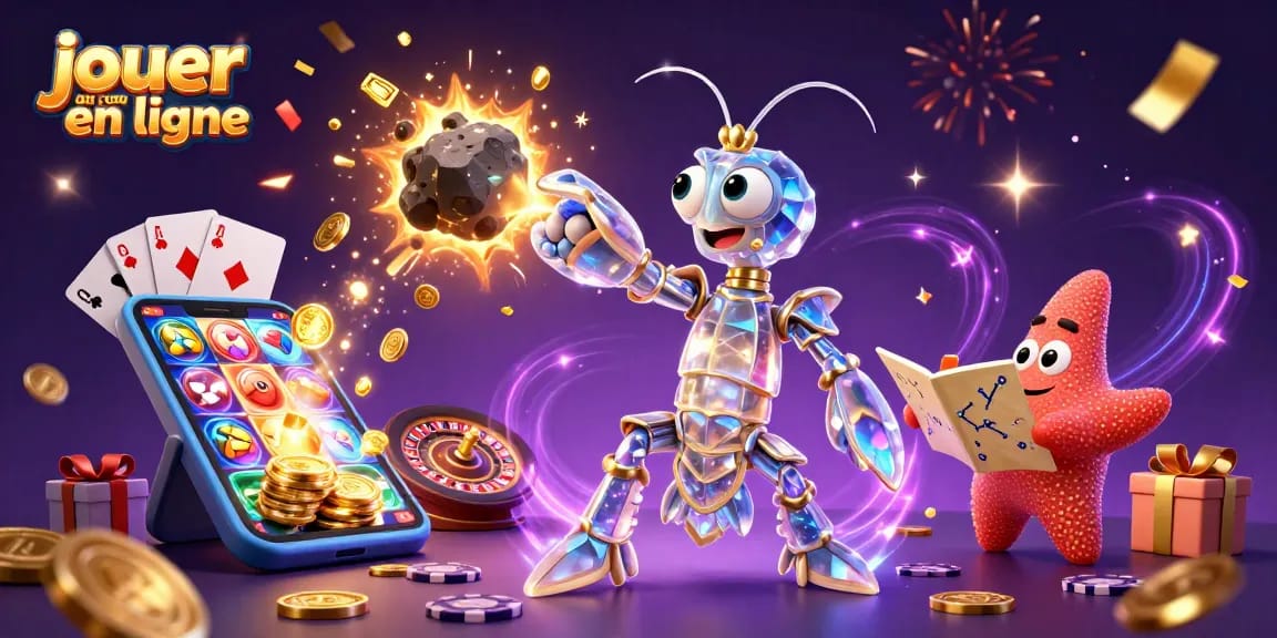 Jouer au casino en ligne avec une illustration animée d'un samouraï mante et une étoile de mer.