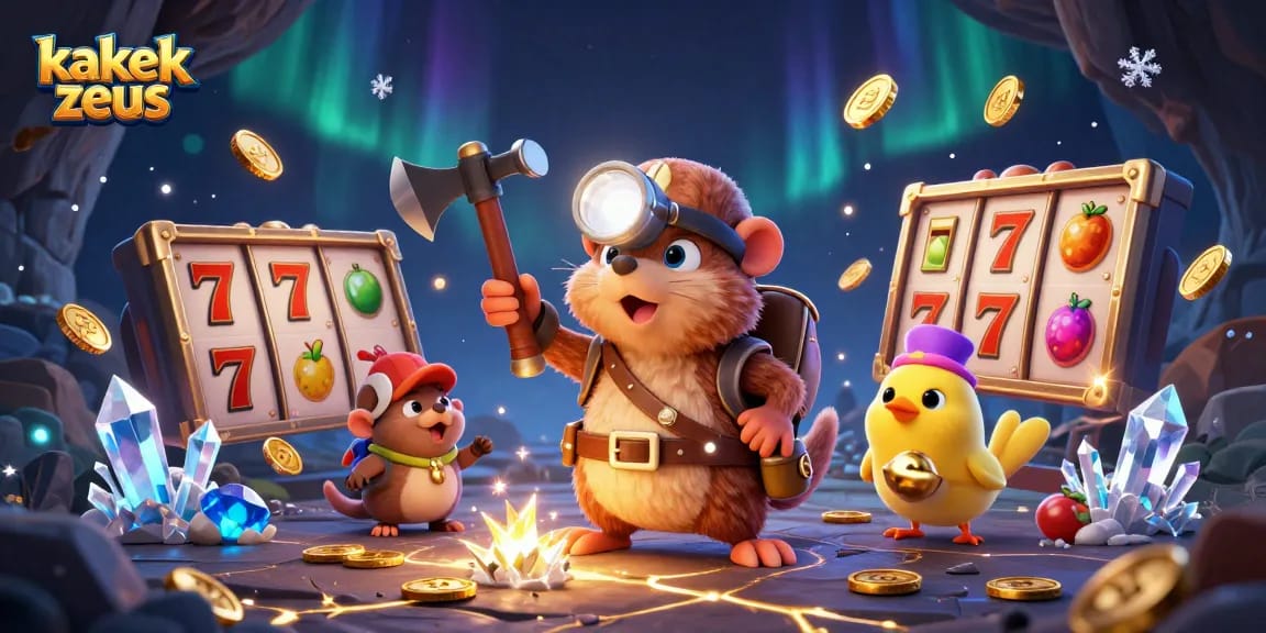 Engage in a thrilling gaming adventure with kakek zeus as a treasure hunter in a vibrant slot game scene.