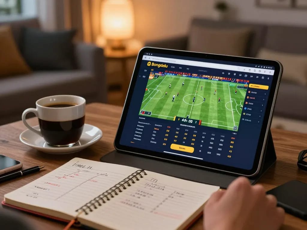 Bongdalu user checking live football scores and stats on a tablet in a cozy home setting.