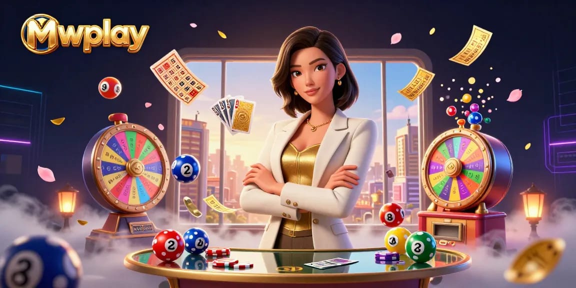 Play exciting games at Mwplay with a glamorous Asian casino dealer showcasing golden cards.
