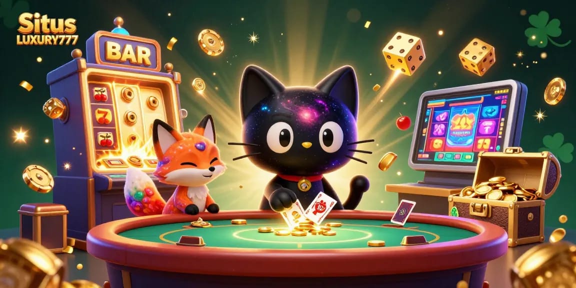 Situs LUXURY777 menampilkan kucing hitam 3D dan nebula rubah di meja kasino spektakuler dengan simbol slot dan koin emas