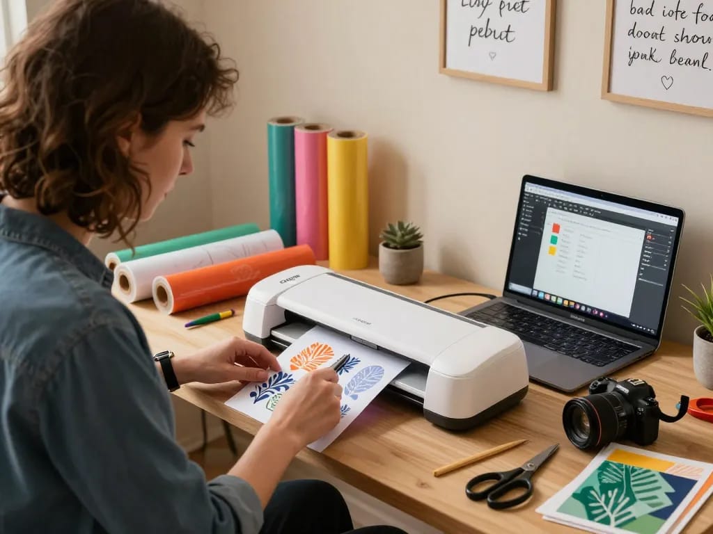 Creative individual using a cricut svg bundle in a cozy home studio filled with vibrant crafting materials.