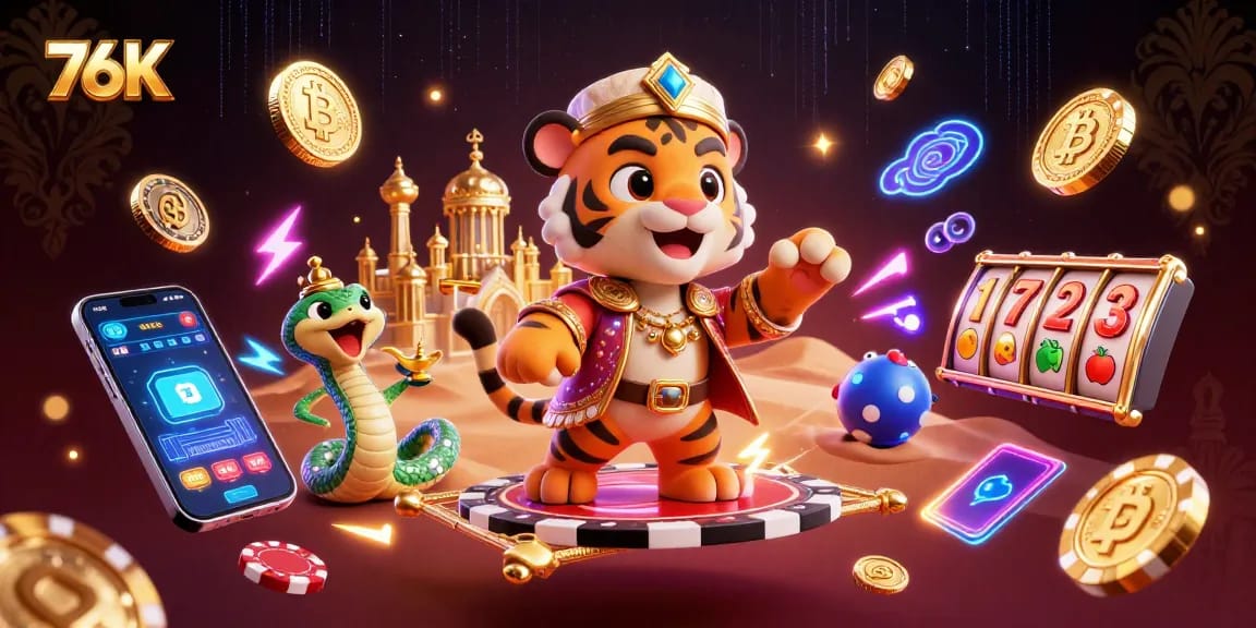 Engage with thrilling slots at 76K, where vibrant characters and golden treasures come alive in a dynamic casino atmosphere.