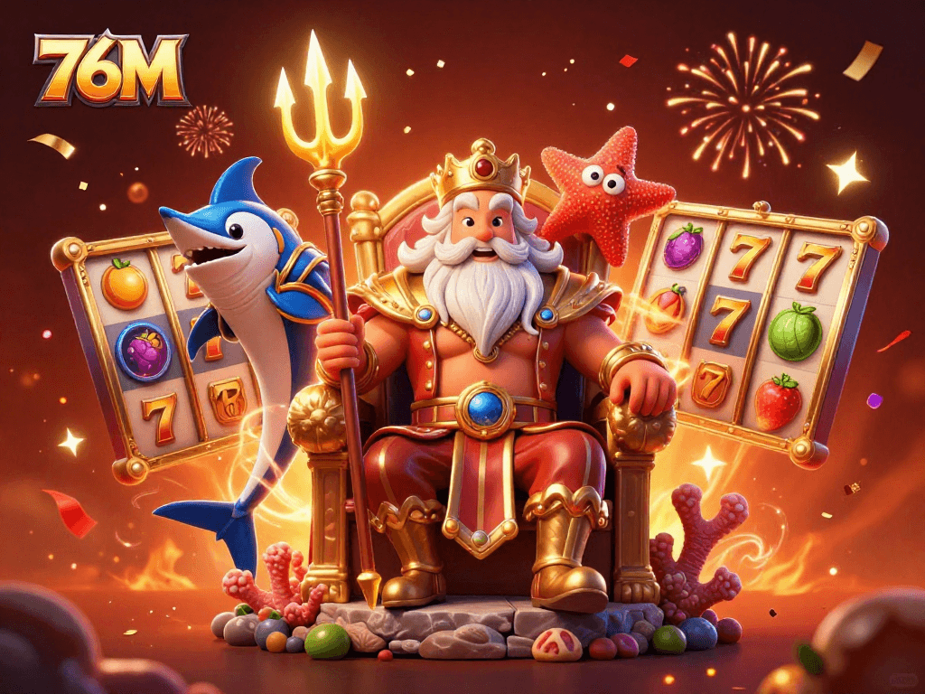 Aposte com 76M em um vibrante castelo de slot, com o rei Netuno e símbolos de sorte.