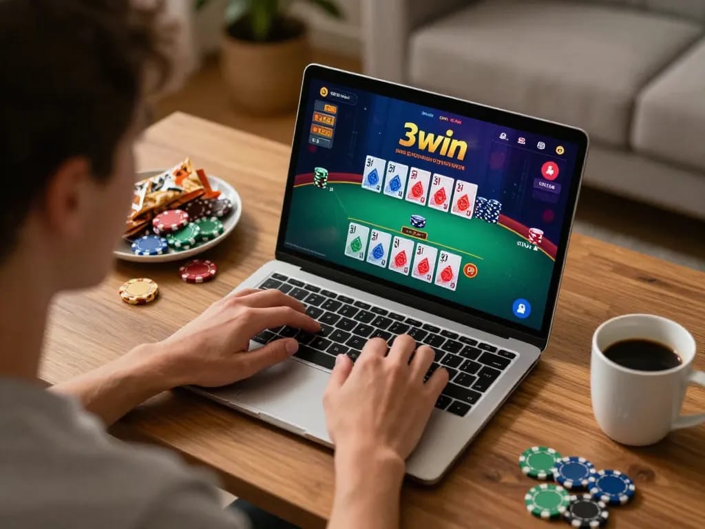 Player engaging in live dealer blackjack at 3win online casino from home, showcasing a cozy gaming atmosphere.