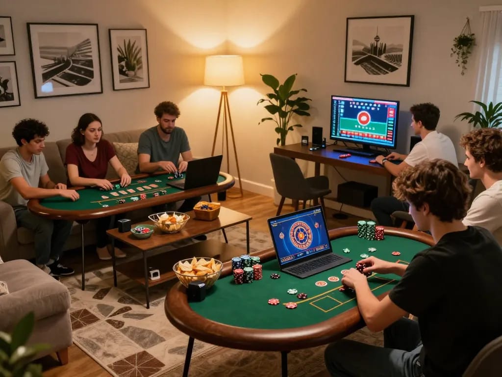 Engaging gameplay at onbet online casino with players enjoying poker and roulette in a cozy home setting.