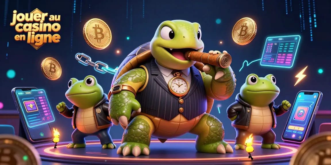 Jouer au casino en ligne avec un énorme tortue dans un costume vintage, entouré de pièces de crypto-monnaies.
