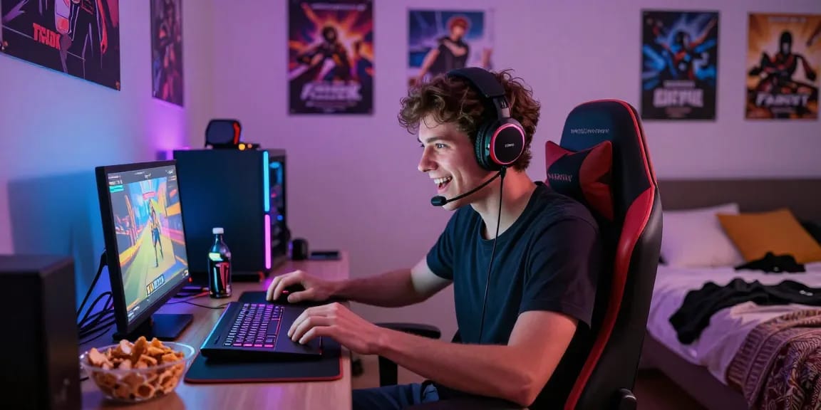 Engaged gamer enjoying a porngame experience in a lively bedroom setting.