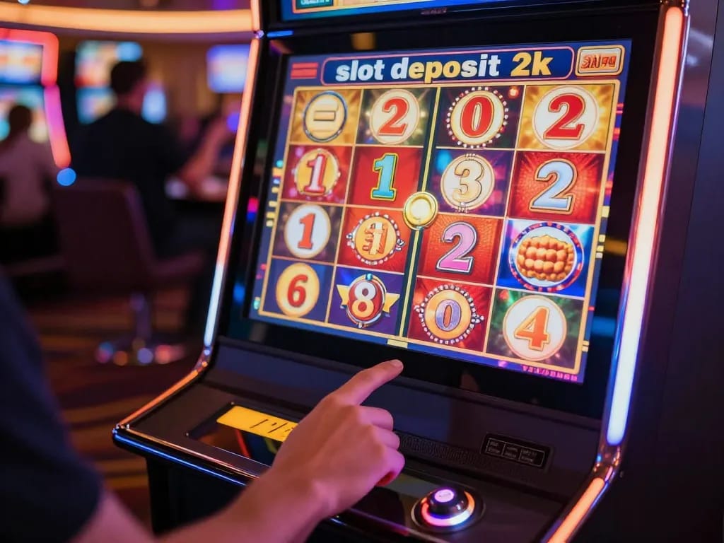 Experience the thrill of a slot deposit 2k game at a bustling casino, vibrant screen lighting, player anticipation.