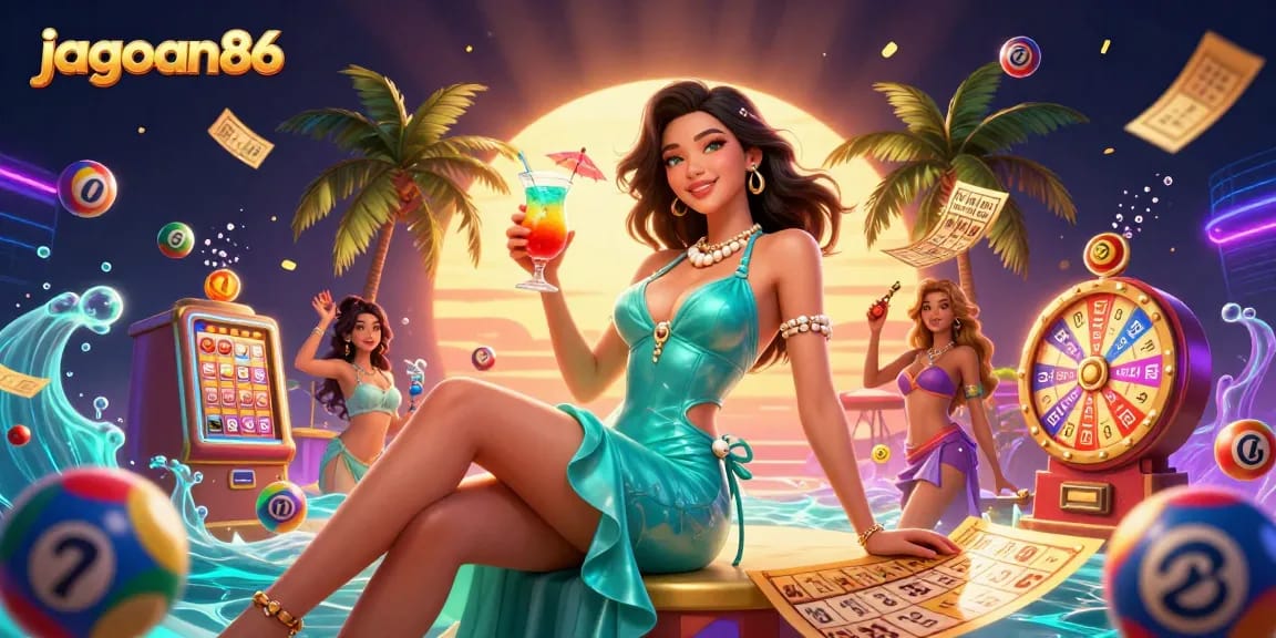 Engage with thrilling lottery excitement and charm at jagoan86, vibrant scene showcasing festive games.