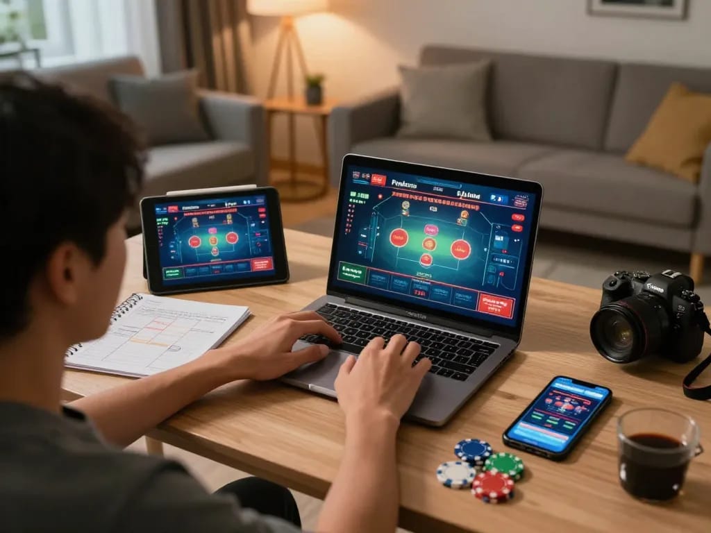 Engaging in pajaktoto togel gameplay on a laptop in a cozy home office with strategy notes and colorful poker chips