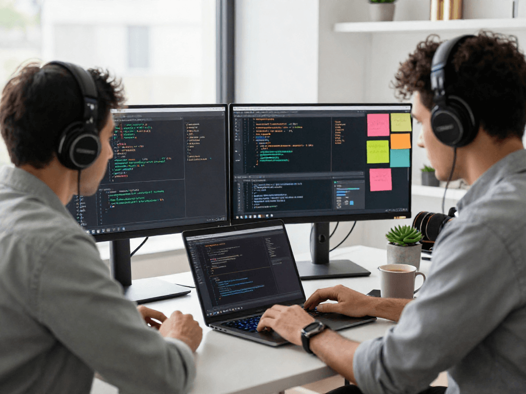 bd188: Modernong workspace ng isang developer na nagtatrabaho sa kanyang laptop na may code at dual monitors.