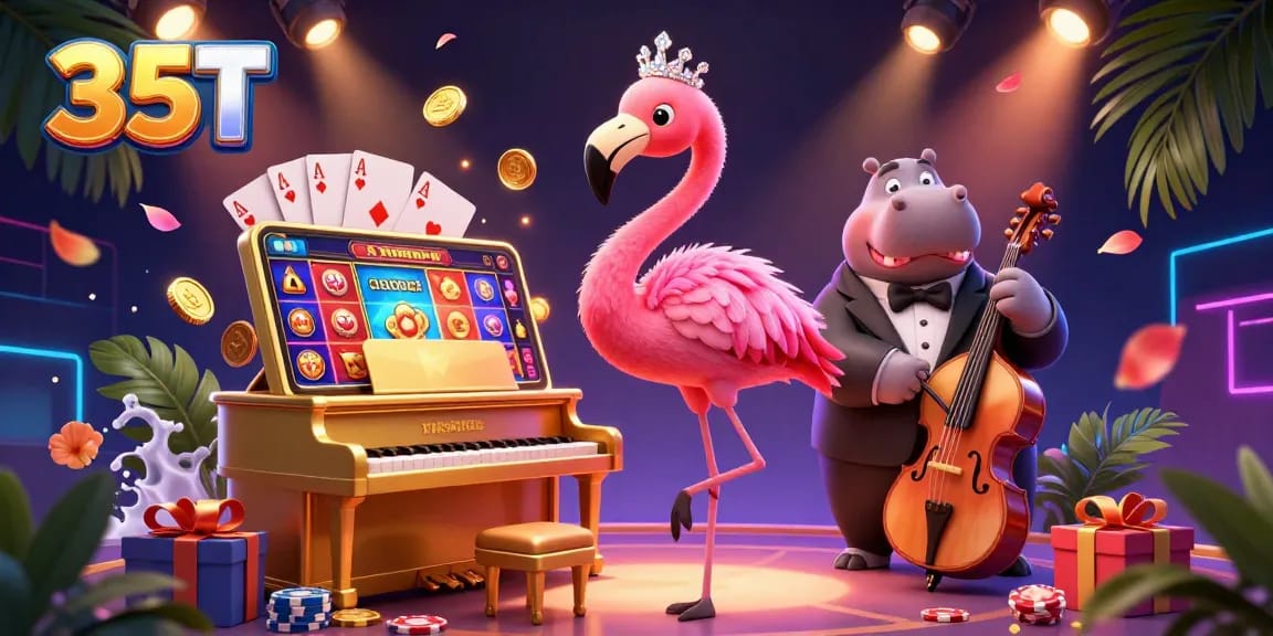 Experience 35T's vibrant casino atmosphere with a flamingo singer and hippo bassist performing amid popular gaming elements.